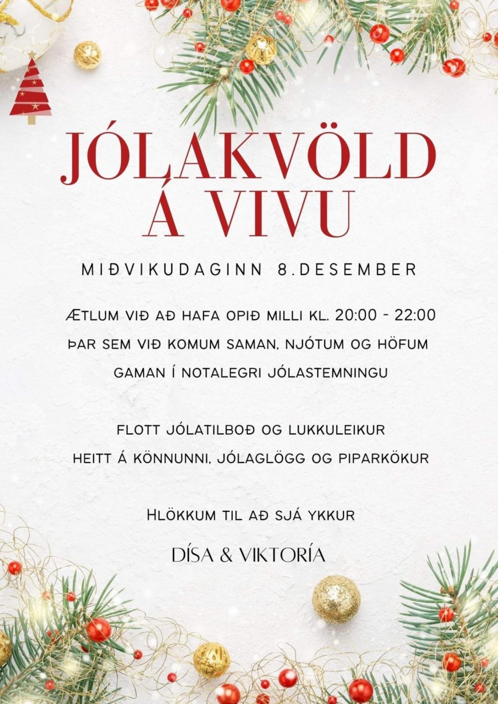 Jólakvöld á VIVU miðvikudaginn 8. desember